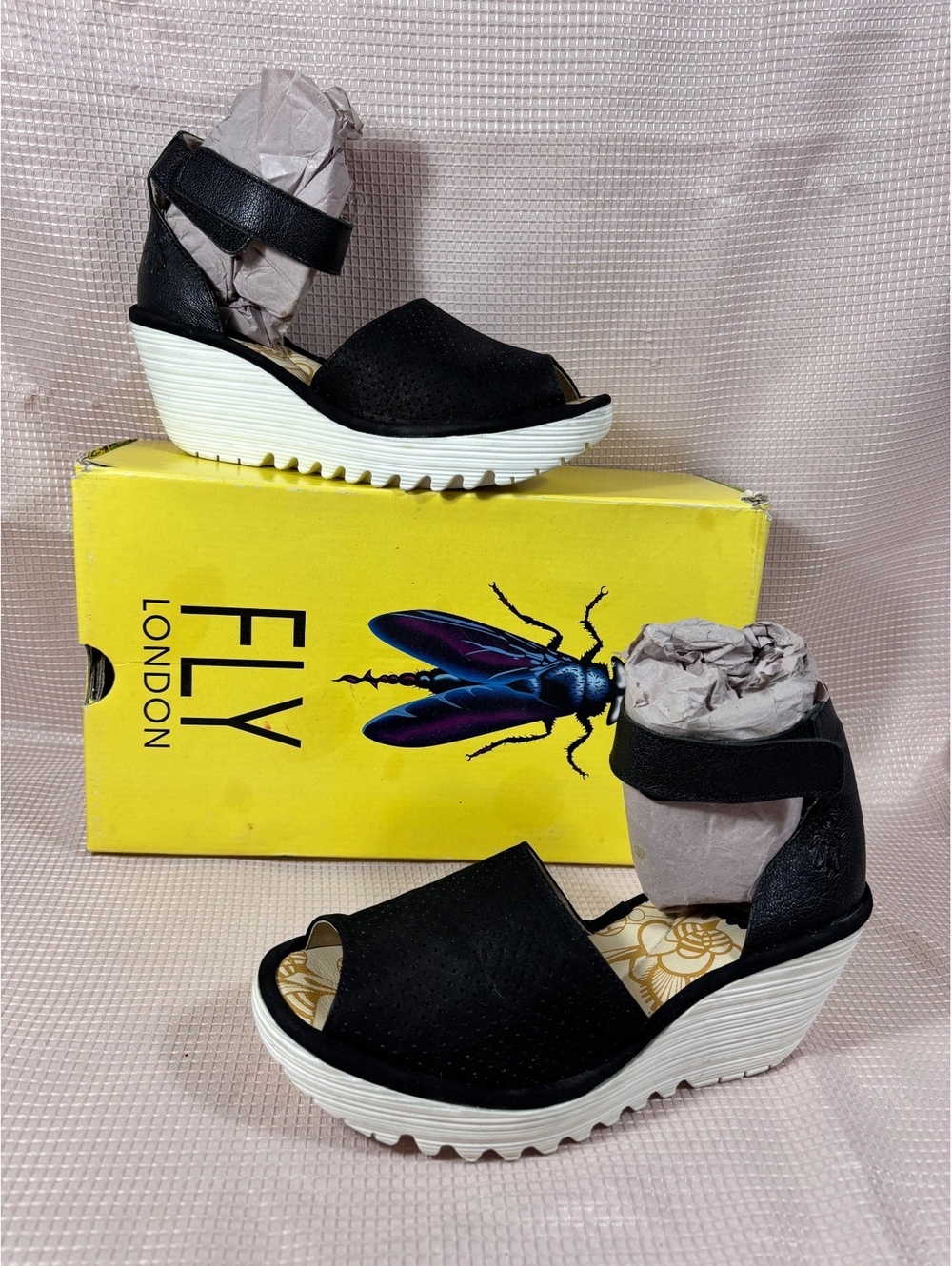 black perforated leather Fly London Yake wedge sandals Size 37 EU 6.5-7 US